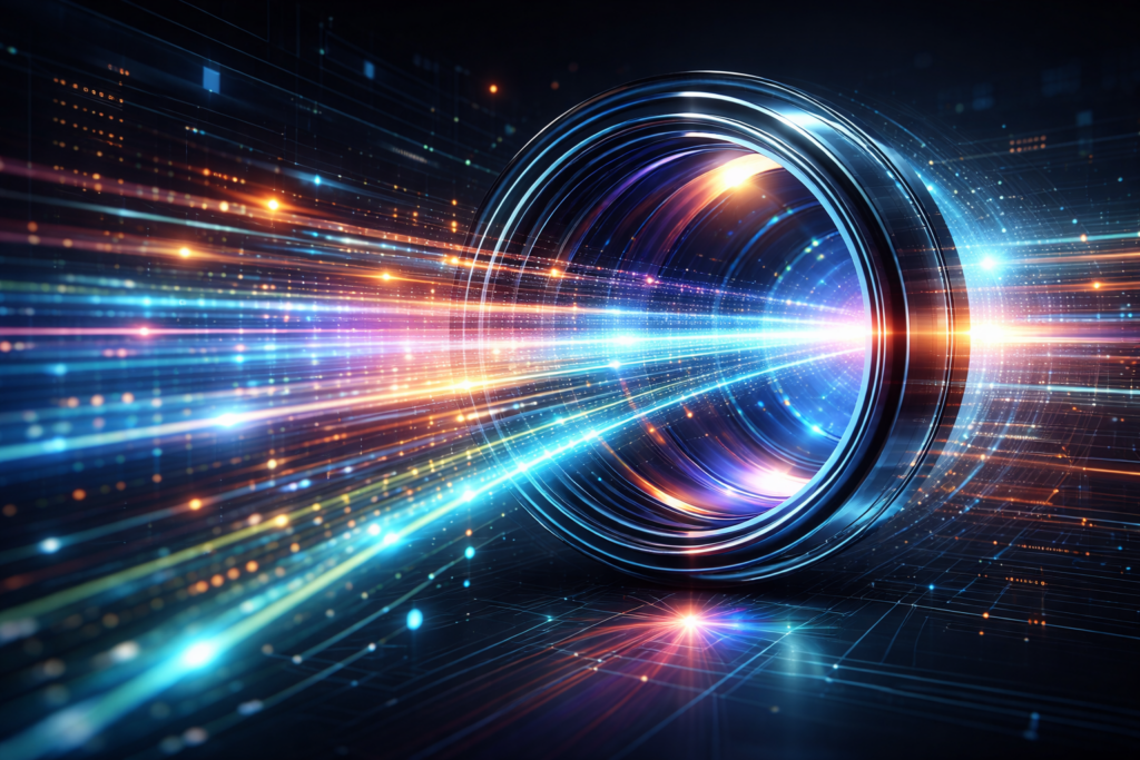 איור דיגיטלי רוחבי של עדשה אופטית זוהרת, כשזרמי “מידע” צבעוניים דמויי קווי אור עוברים דרכה ונמשכים קדימה על רקע גריד טכנולוגי כהה.